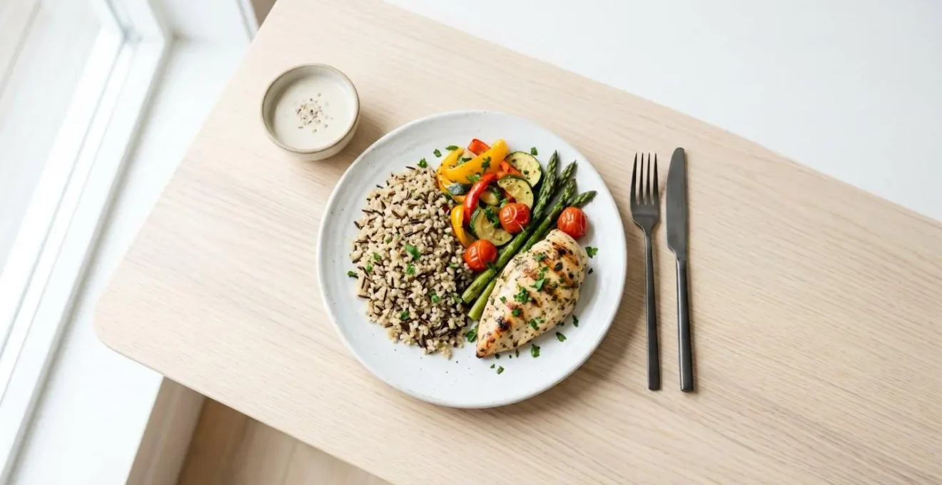 Composition d'une assiette équilibrée pour sportif avec féculents, protéines et légumes dans un cadre minimaliste
