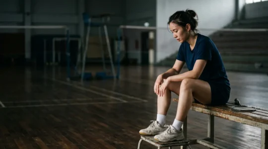 Athlète de badminton en phase de récupération après un tournoi intense