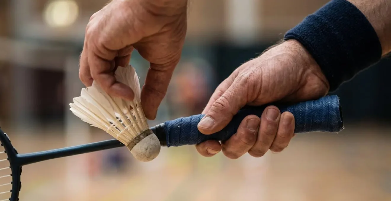 Détail des mains d'un joueur de badminton dans un geste d'ancrage positif avant le service