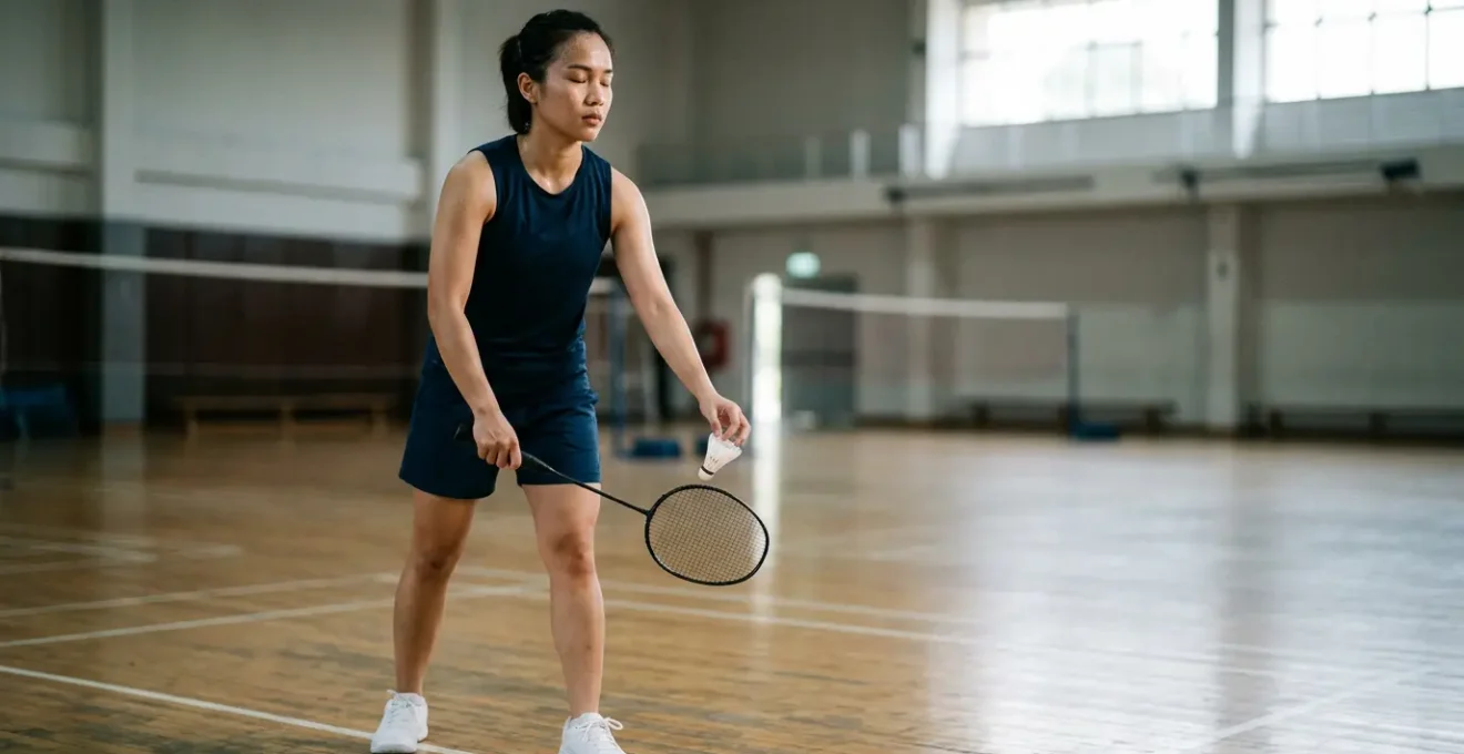 Joueur de badminton en posture de service avec concentration intense, les yeux fermés