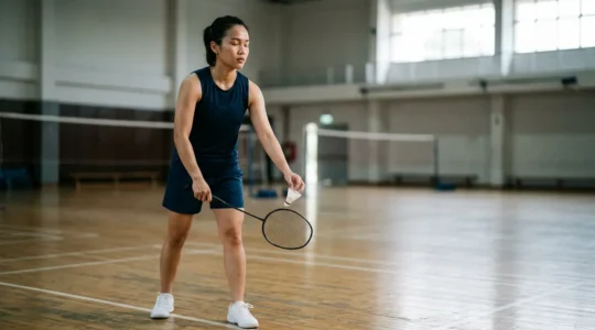 Joueur de badminton en posture de service avec concentration intense, les yeux fermés