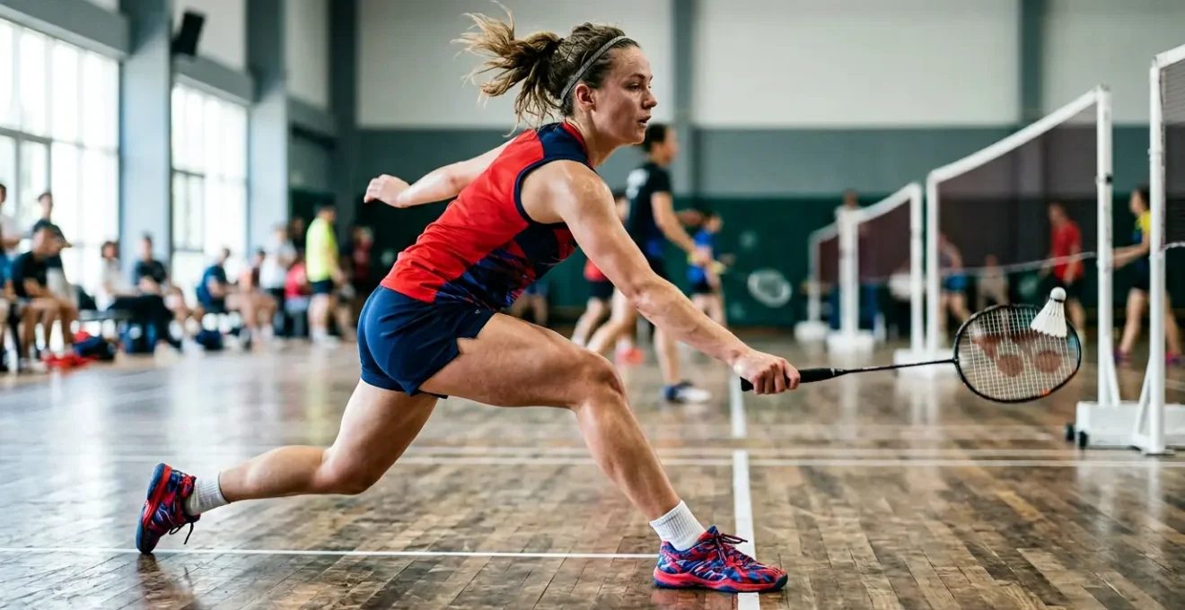 Joueur de badminton en pleine fente avant montrant l'impact du talon au sol