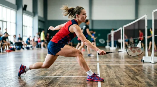 Joueur de badminton en pleine fente avant montrant l'impact du talon au sol