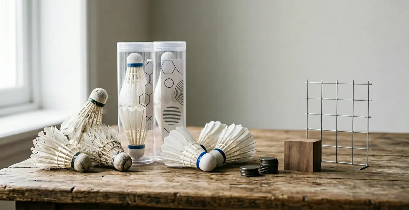 Volants de badminton en plumes et tubes posés sur une surface avec des notes budgétaires symbolisant la gestion des coûts en compétition