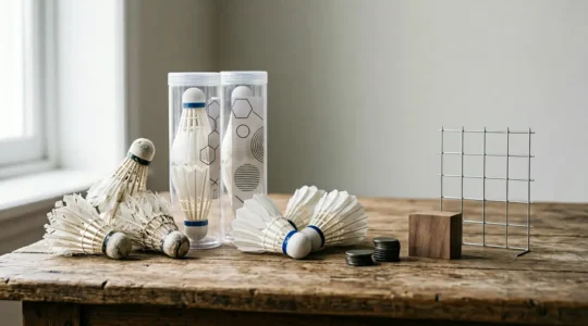 Volants de badminton en plumes et tubes posés sur une surface avec des notes budgétaires symbolisant la gestion des coûts en compétition