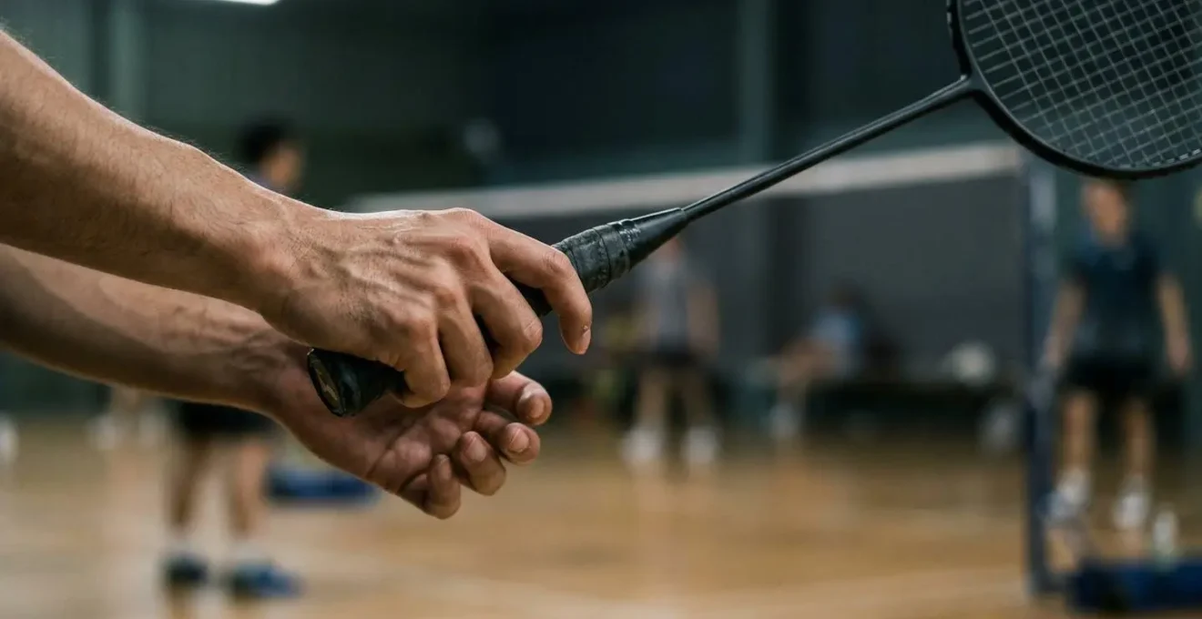 Main de joueur effectuant un changement de prise sur raquette de badminton en mouvement