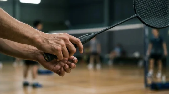 Main de joueur effectuant un changement de prise sur raquette de badminton en mouvement