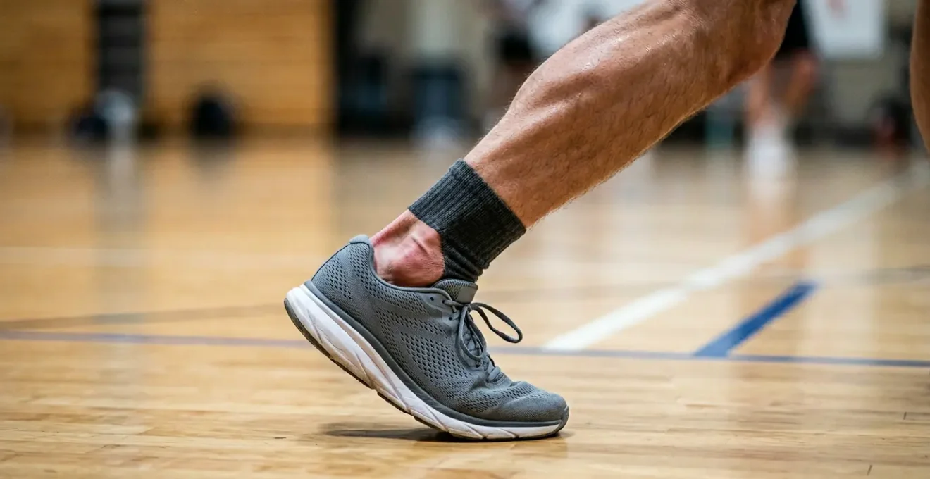 Gros plan sur une cheville en position de torsion montrant les risques biomécaniques liés aux chaussures inadaptées au badminton