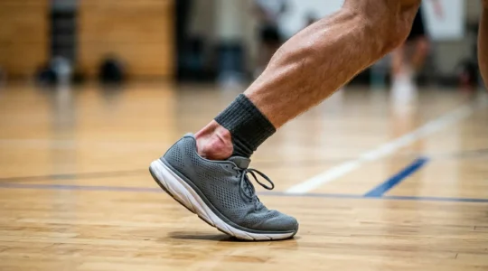 Gros plan sur une cheville en position de torsion montrant les risques biomécaniques liés aux chaussures inadaptées au badminton