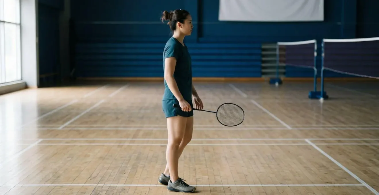 Raquette de badminton tenue par un joueur, focus sur la flexibilité de la tige