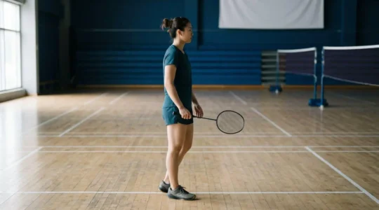 Raquette de badminton tenue par un joueur, focus sur la flexibilité de la tige