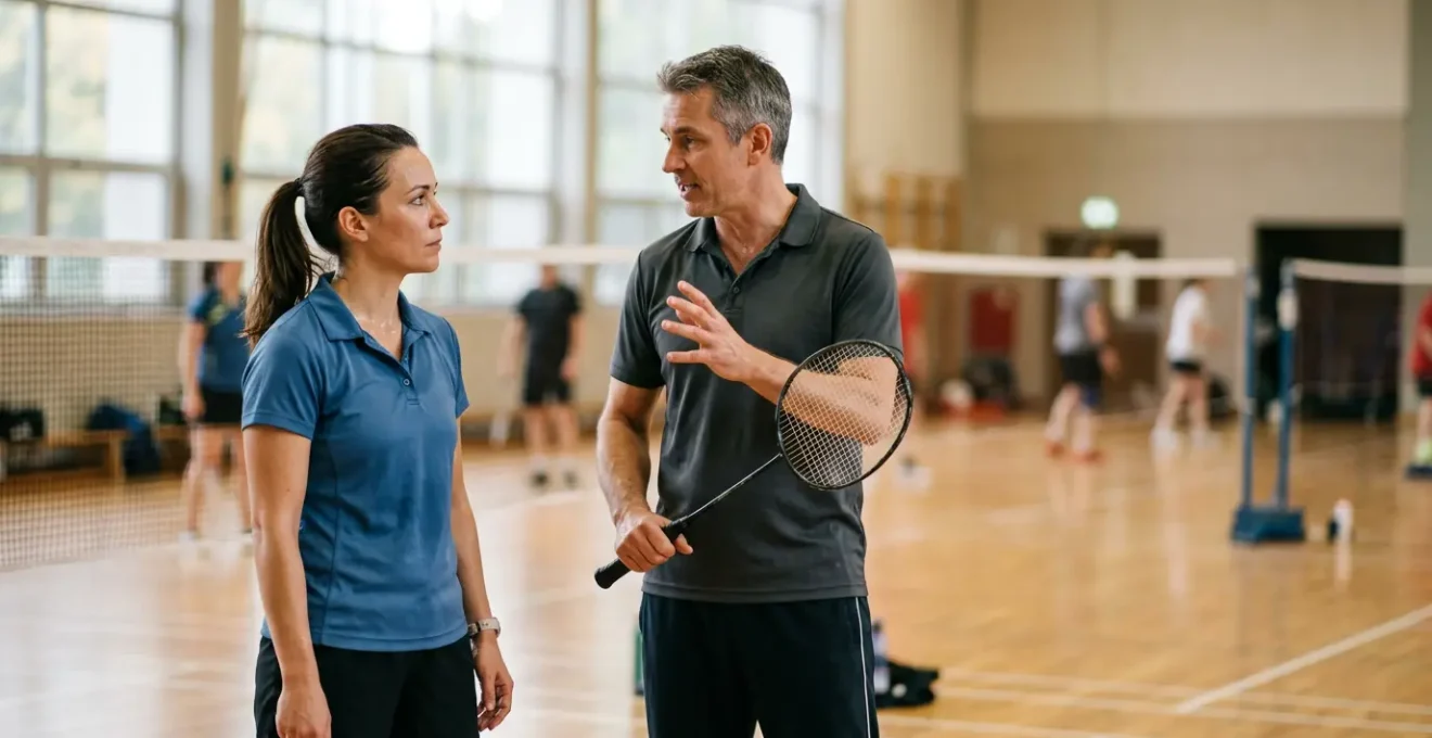 Coach de badminton travaillant avec un joueur amateur sur un terrain intérieur