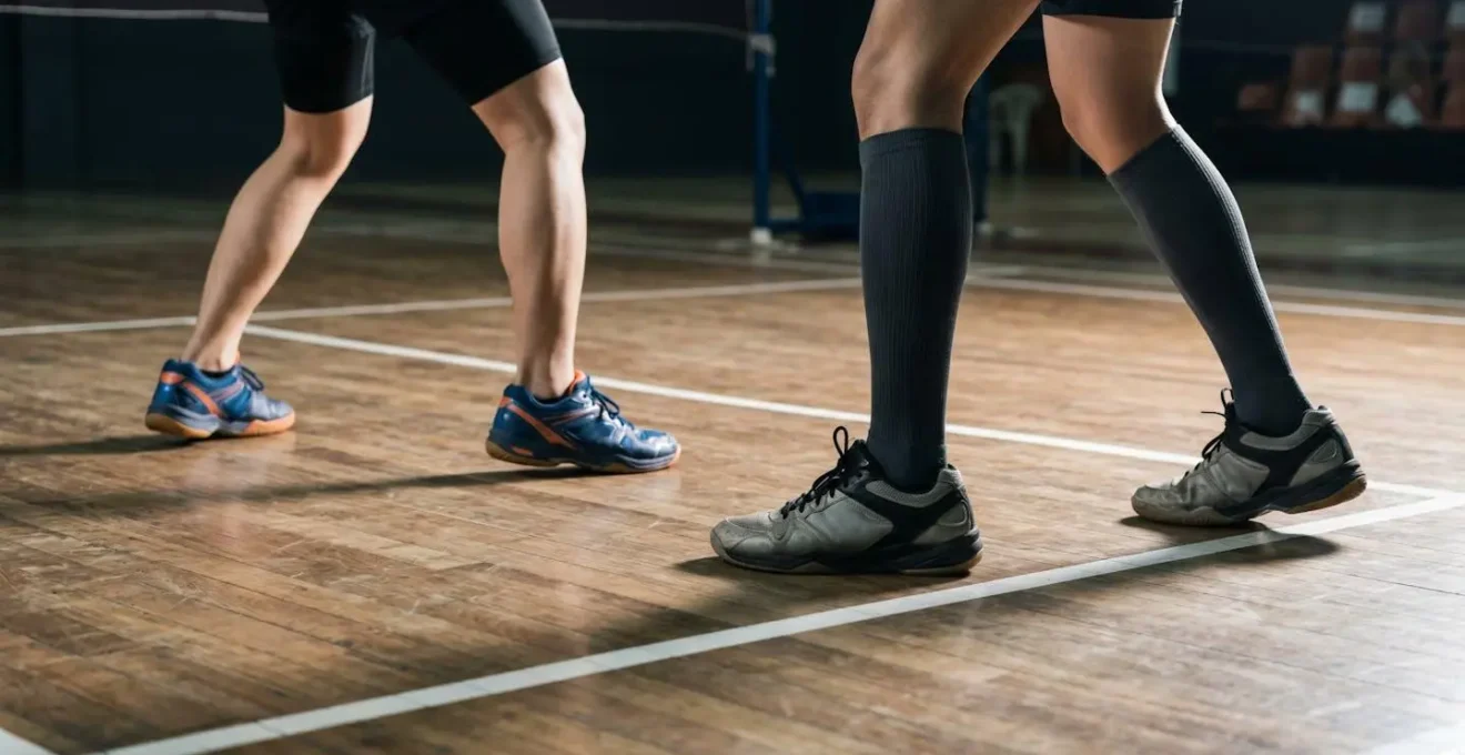 Vue rapprochée des pieds et des jambes de deux partenaires de badminton en position de jeu