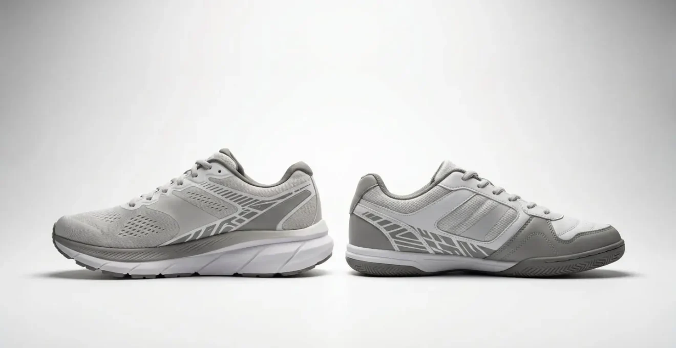Comparaison visuelle entre le profil d'une semelle de running avec talon surélevé et une semelle plate de badminton montrant la différence de hauteur