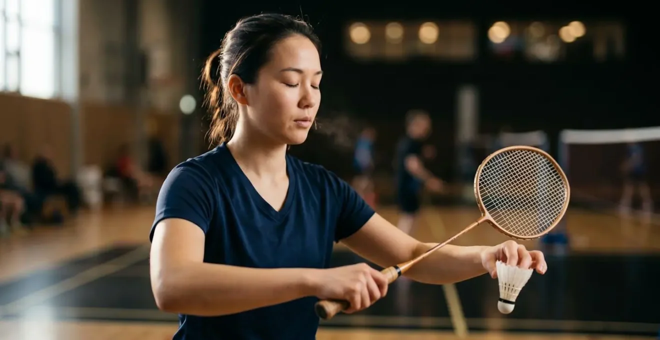 Joueur de badminton en position de service court, yeux fermés, visualisant la trajectoire parfaite avant l'exécution