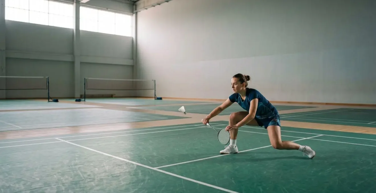 Joueur de badminton en position défensive basse interceptant un smash adverse avec une raquette maniable