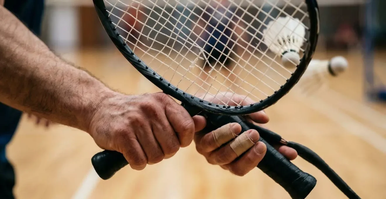Position de défense basse au badminton avec raquette orientée pour bloquer un smash