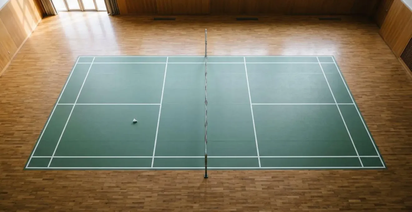 Vue aérienne minimaliste d'un terrain de badminton montrant les trajectoires de dégagé offensif et défensif