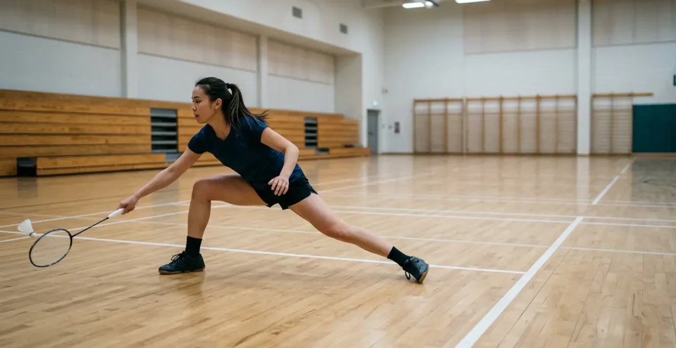 Joueur de badminton effectuant une fente latérale contrôlée pour attraper un volant sur le côté du terrain