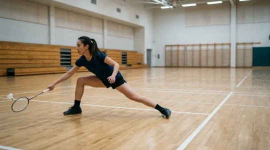 Joueur de badminton effectuant une fente latérale contrôlée pour attraper un volant sur le côté du terrain