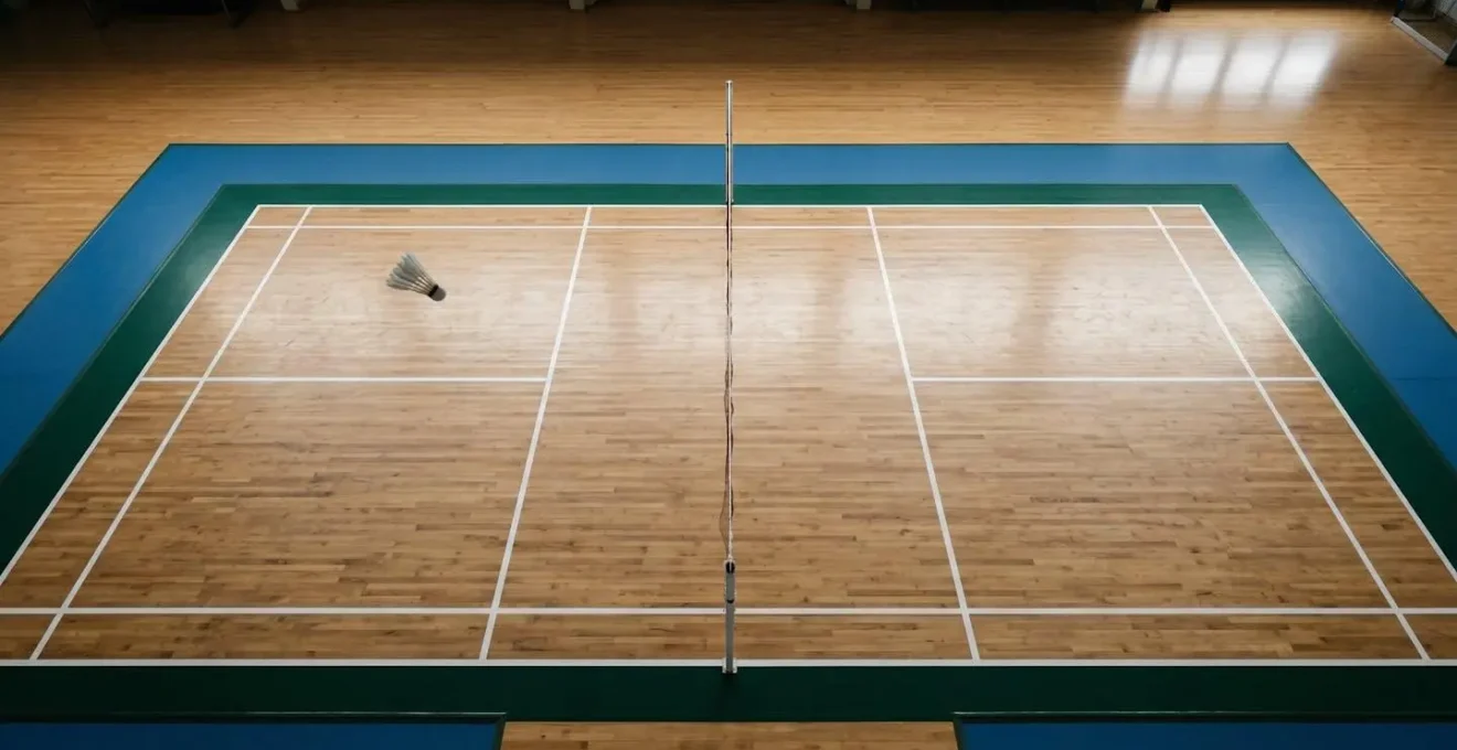 Vue aérienne minimaliste d'un terrain de badminton avec trajectoires de volant