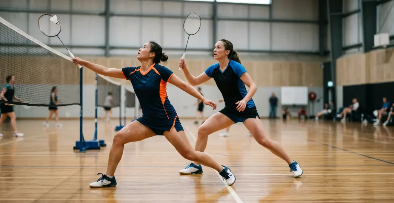 Deux joueurs de badminton en pleine coordination tactique lors d'un match de double