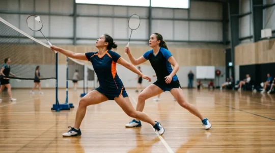 Deux joueurs de badminton en pleine coordination tactique lors d'un match de double