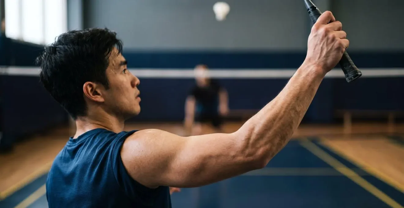 Gros plan sur le positionnement du coude élevé aligné avec l'épaule lors de la préparation d'un smash au badminton