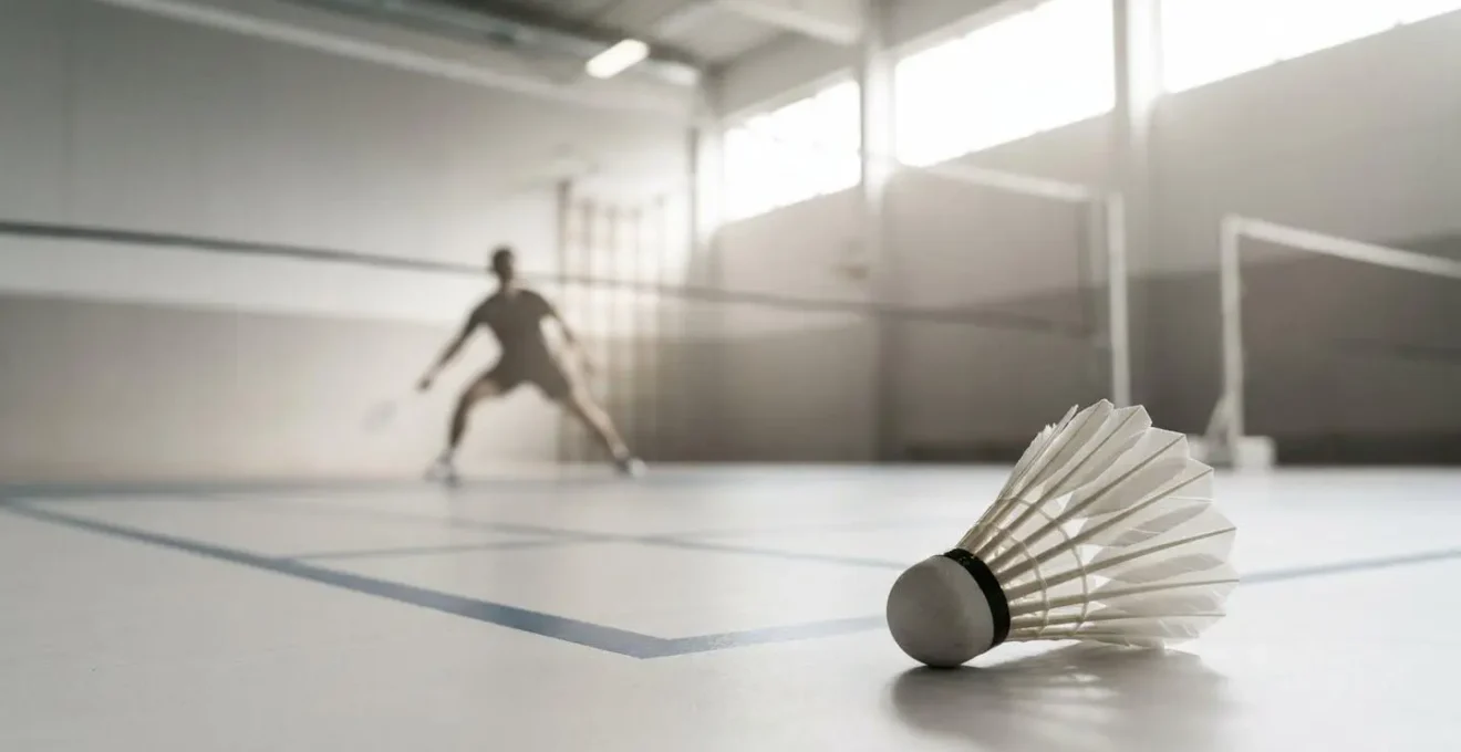 Concentration intense d'un joueur de badminton suivant la trajectoire d'un volant en plein vol