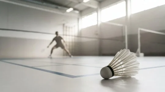 Concentration intense d'un joueur de badminton suivant la trajectoire d'un volant en plein vol