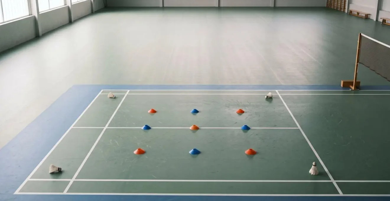 Équipement minimaliste pour entraînement HIIT badminton avec espace négatif suggérant l'intensité de l'effort