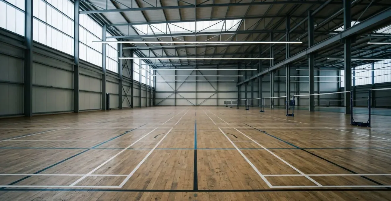 Vue d'ensemble minimaliste d'un espace de badminton montrant l'atmosphère et les conditions environnementales