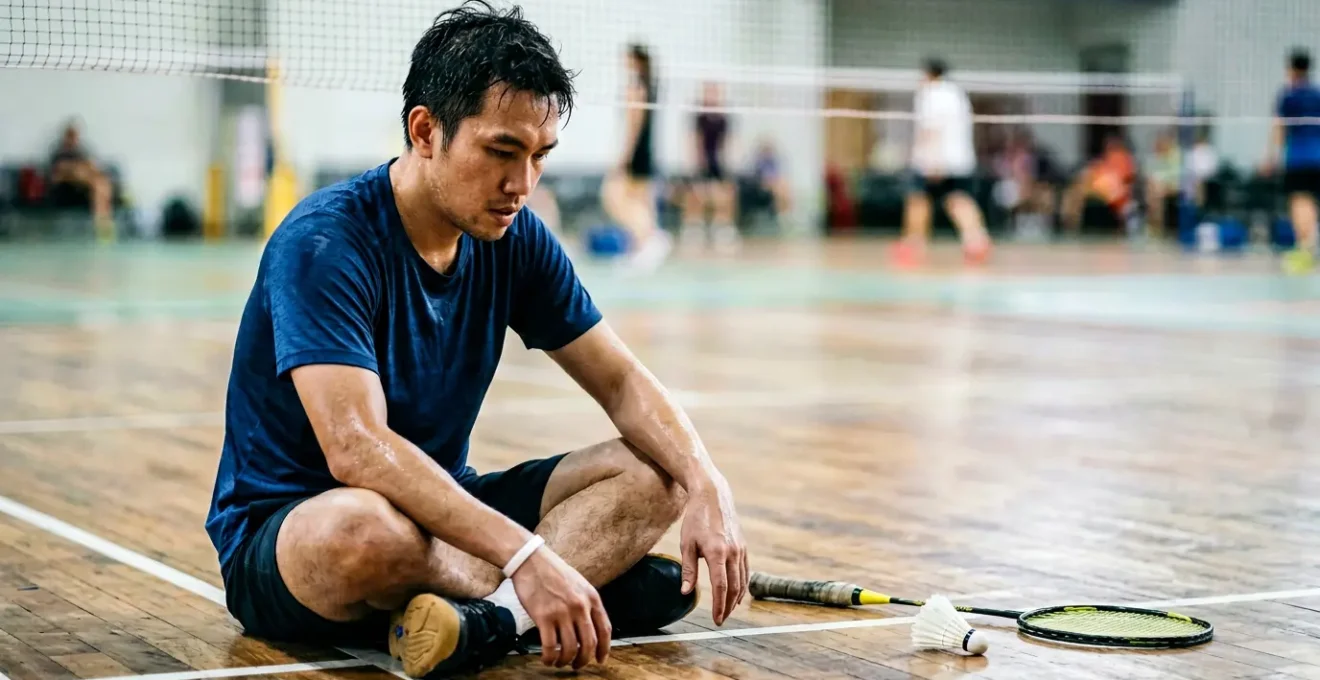 Joueur de badminton en position de récupération après un match intense