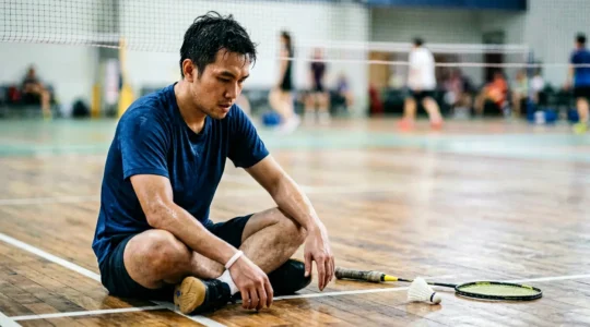 Joueur de badminton en position de récupération après un match intense