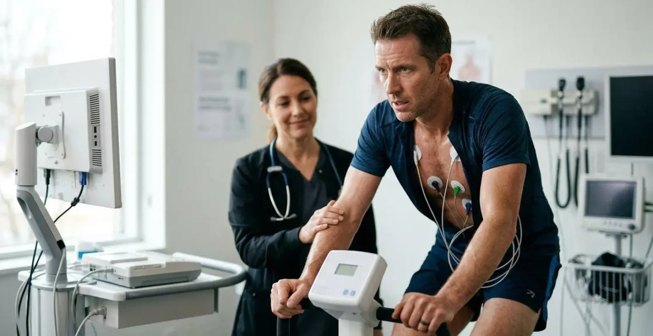 Joueur de badminton senior passant un electrocardiogramme d'effort lors d'un bilan medical preventif