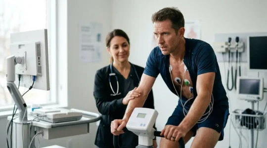 Joueur de badminton senior passant un electrocardiogramme d'effort lors d'un bilan medical preventif