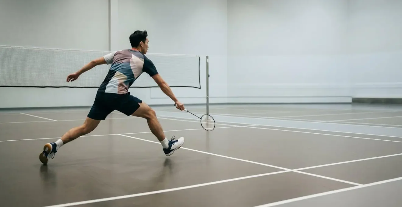 Transition rapide entre position avant et arrière au badminton montrant l'explosivité du joueur