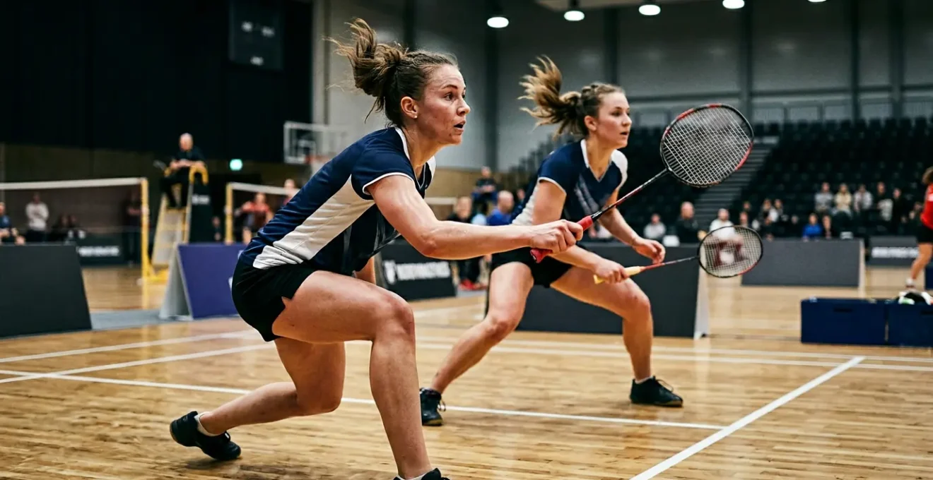 Deux joueurs de badminton en position de défense lors d'un échange rapide en double
