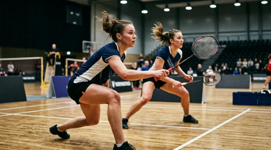 Deux joueurs de badminton en position de défense lors d'un échange rapide en double