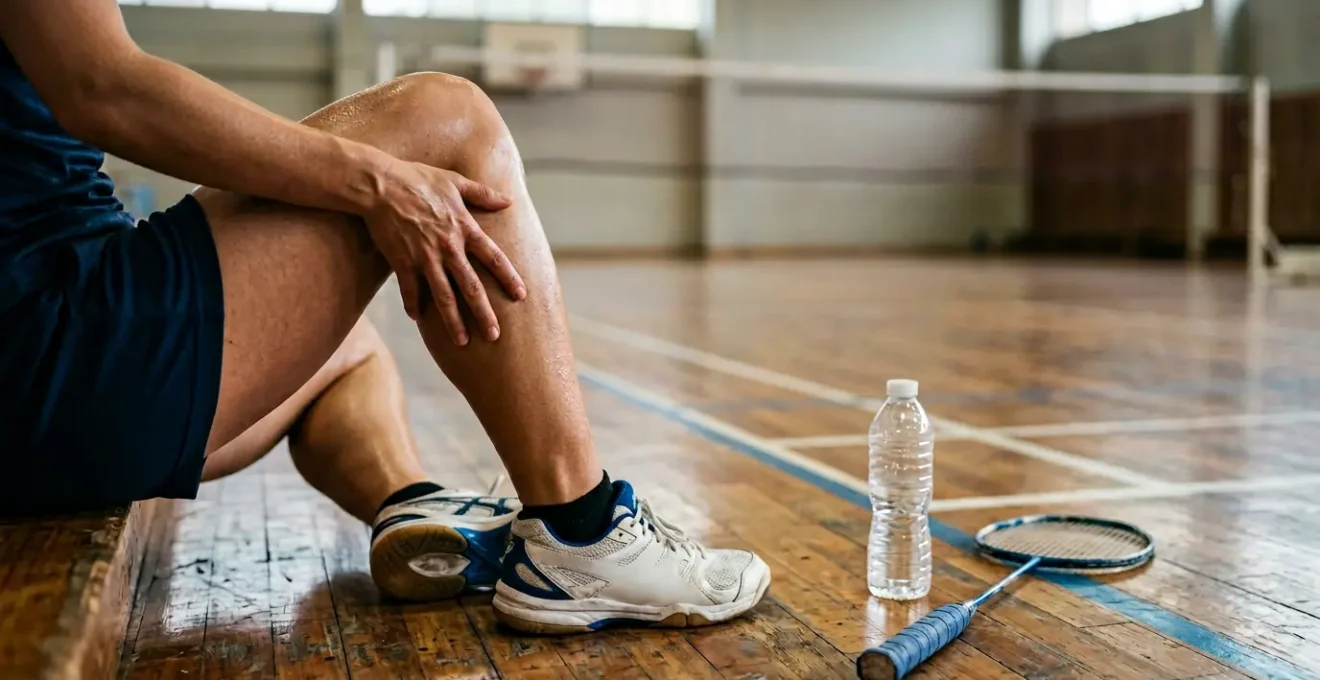 Jambes d'un joueur de badminton au repos après un match intense