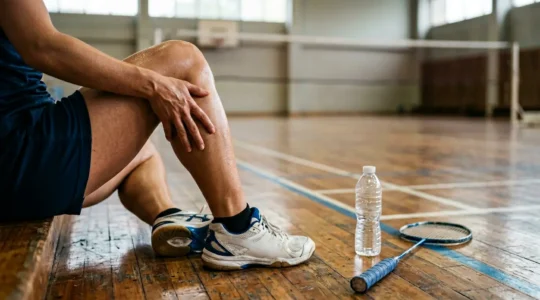 Jambes d'un joueur de badminton au repos après un match intense