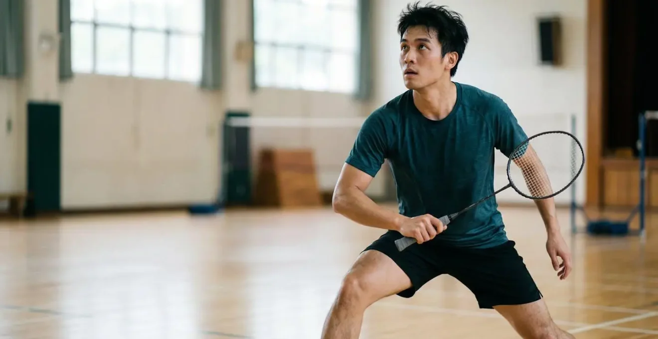 Joueur de badminton concentré sur la correction technique en salle d'entraînement