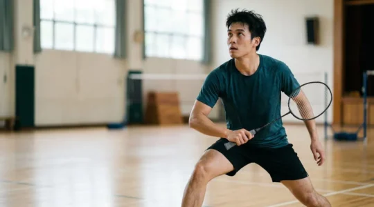 Joueur de badminton concentré sur la correction technique en salle d'entraînement
