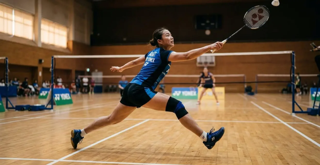 Joueur de badminton en position défensive au fond du court en pleine action