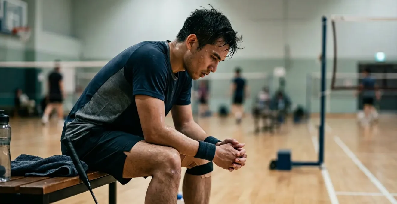 Joueur de badminton concentré lors d'une pause de match, exprimant détermination et résilience mentale