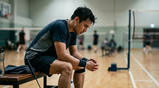 Joueur de badminton concentré lors d'une pause de match, exprimant détermination et résilience mentale