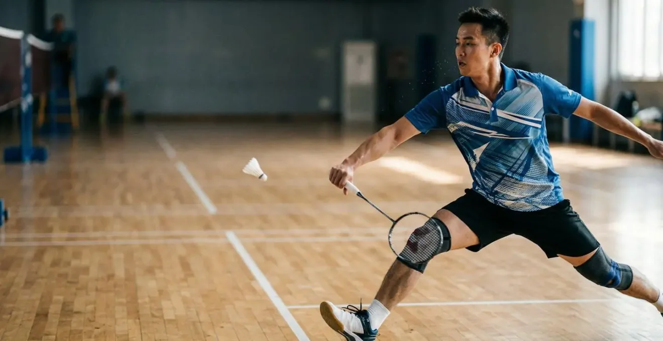 Joueur de badminton en plein effort physique lors d'une fente explosive