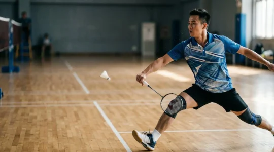 Joueur de badminton en plein effort physique lors d'une fente explosive