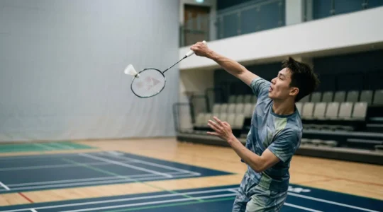Joueur de badminton en plein smash avec rotation explosive du buste et pronation de l'avant-bras
