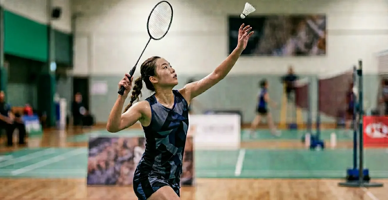 Joueur de badminton en pleine exécution d'un fast drop depuis le fond de court, transformant une position défensive en attaque